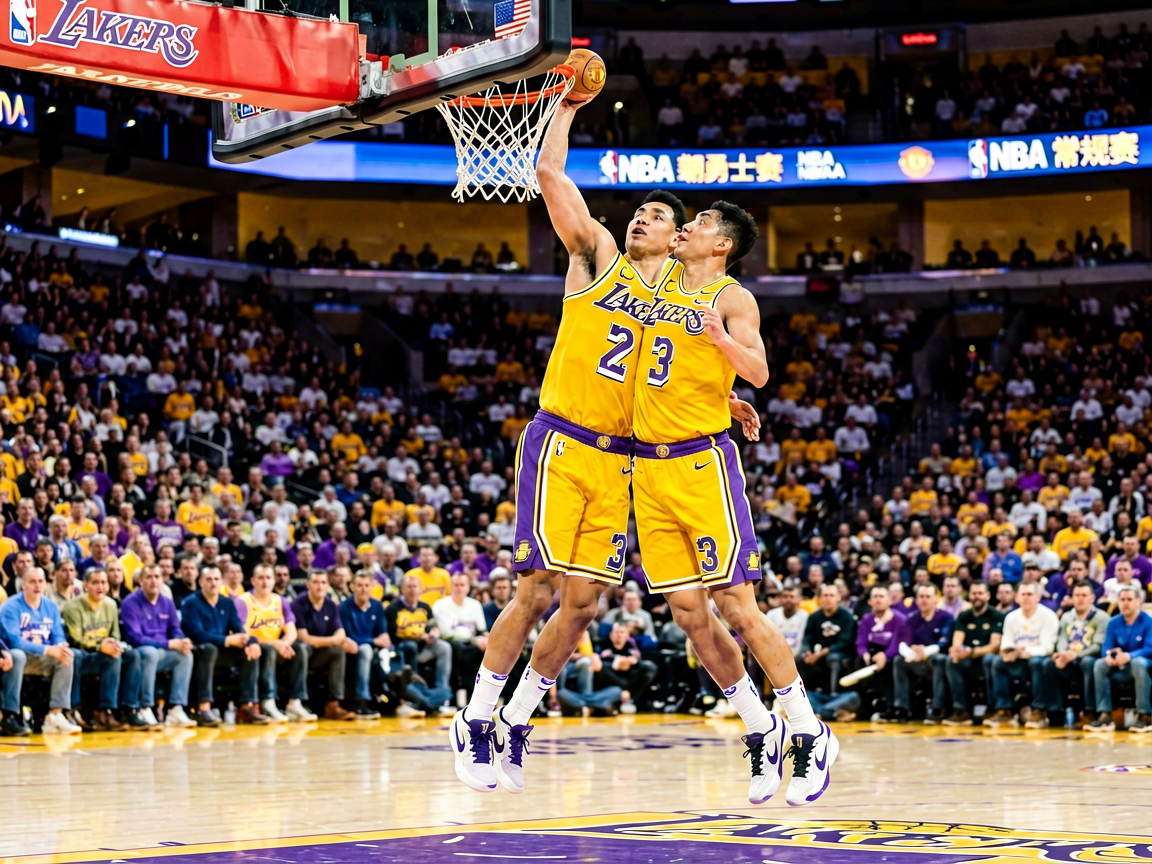 NBA湖人勇士比赛现场，球员突破上篮